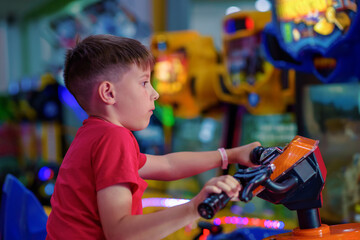 Wall Mural - Cheerful European boy expressing his emotions while playing racing simulator.