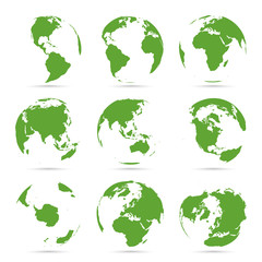 Wall Mural - Globes icon collection. Green globe. Planet with continents Africa, Asia, Australia, Europe, Antarctica, North America and South America