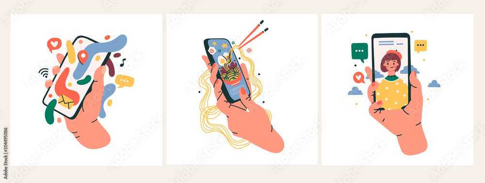 Set of hands that hold smartphones with various images. Communication, social networking concept. Stylized hand drawn vector illustration for Mobile Application or web sites and banner design - obrazy, fototapety, plakaty 