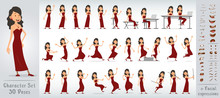 Cartoon Funny Cute Handsome Girl Character In Red Evening Dress. 30 Different Poses And Face Expressions. Isolated On White Background. Big Vector Icon Set.