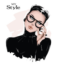 Hand Drawn Beautiful Young Woman In Eyeglasses. Stylish Girl In Black Shirt. Fashion Woman Look. Sketch. Vector Illustration.