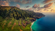 canvas print picture - Aerial landscape view of spectacular Na Pali coast with dramatic sky, Kauai