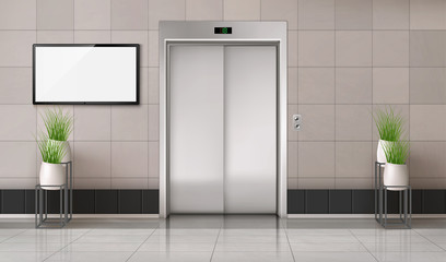 Office hallway with closed elevator door and TV screen on the wall. Vector realistic interior with lift, plants in white pots and blank computer monitor display