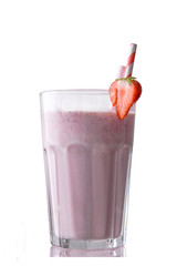 Wall Mural - Strawberry protein shake on a white isolated background. Fresh milkshake with strawberries . A glass of strawberry smoothie.