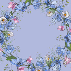 Floral cute frame with wildflowers on blue background. Place for your text. Hand drawn. Background for wedding invitations, cards, textile, posters, web page. Vector stock illustration.