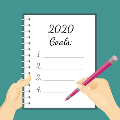 2020 goals. Hands hold notebook and pen and writing resolutions for the New Year. Vector illustration in cartoon simple flat style.