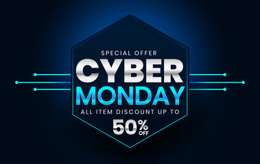 Sale banner template design with blue light effect on dark background, Cyber Monday special offer sale up to 50% off.