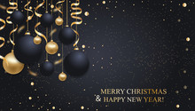 Christmas Dark Blue Background With Christmas Balls And Golden Ribbons. Happy New Year Decoration. Elegant Xmas Banner Or Poster. Vector