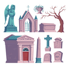 Cemetery Symbols, Tombstone With RIP Inscription, Cartoon Vector. Gravestones With Cross, Angel Figure, Ossuary Or Crypt And Sarcophagus Or Coffin, Halloween Illustration Isolated On White Background