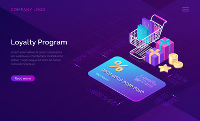 Wall Mural - loyalty program, vector isometric concept. big discount card with percent, shopping cart and gift bo