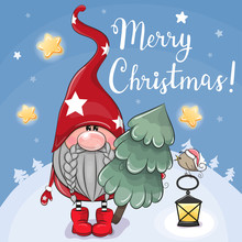 Cute Cartoon Gnome With Christmas Tree On A Blue Background