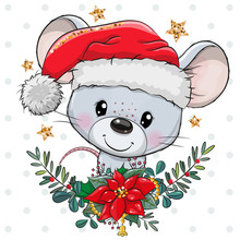 Cartoon Mouse In Santa Hat With Christmas Wreath