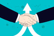 Business people doing a handshake after merging companies, background with arrows pointing upwards. Partnership merger and acquisition concept in vector illustration.