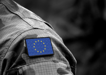 The Flag Of Europe On Military Uniform. Collage.