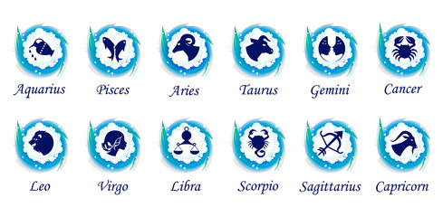 Wall Mural - Set of twelve signs of the zodiac on the background of gold circles. Prediction of the future. Illustration. Isolated on white background