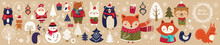 Christmas Vector Collection With Cute Fox, Snowman,  Bird And Floral Elements