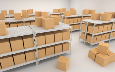  Warehouse interior with shelves, racks and boxes.