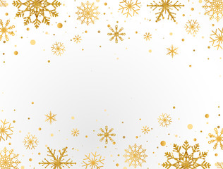 Wall Mural - Gold snowflakes frame on white background. Golden snowflakes border with different ornaments. Luxury Christmas garland. Winter ornament for packaging, cards, invitations. Vector illustration