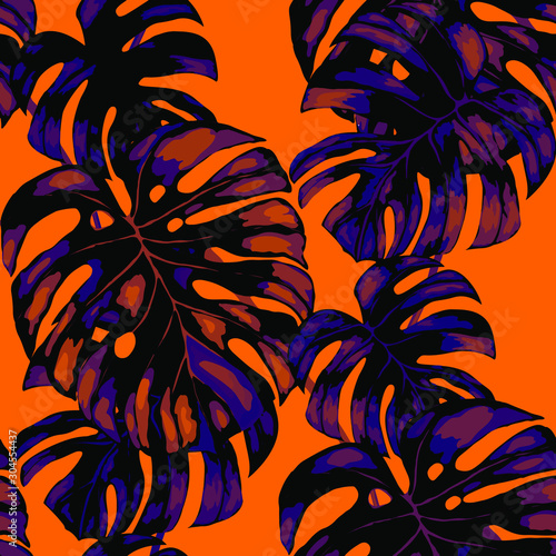 Seamless pattern with tropical leaves. Beautiful allover print with hand draw...