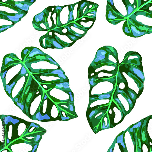 Seamless pattern with tropical leaves. Beautiful allover print with hand draw...