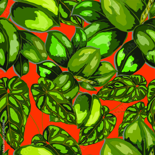 Seamless pattern with tropical leaves. Beautiful allover print with hand draw...