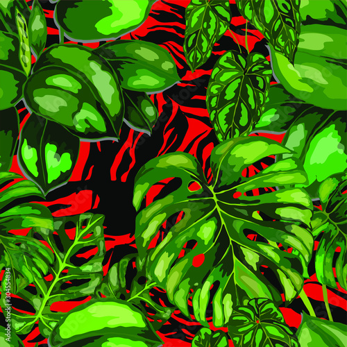 Seamless pattern with tropical leaves on zebra stripes. Beautiful allover pri...