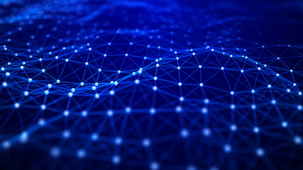 Wave with connecting dots and lines. Futuristic blue dots background with a dynamic wave. 3d rendering.