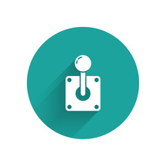 White Joystick for arcade machine icon isolated with long shadow. Joystick gamepad. Green circle button. Vector Illustration