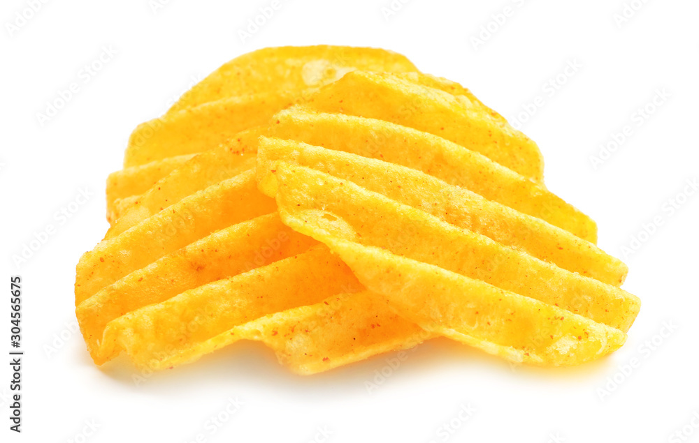 Tasty potato chips isolated on white