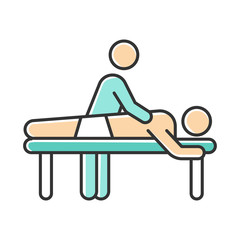 Sticker - Massage color icon. Spa center services. Professional medical procedure. Back pain relief. Masseur with patient. Healthcare. Physical treatment. Injury healing. Isolated vector illustration