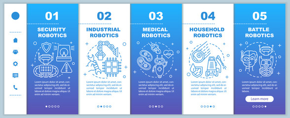 Types robotics onboarding mobile web pages vector template. Cybernetics. Responsive smartphone website interface idea with linear illustrations. Webpage walkthrough step screens. Color concept