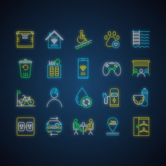 Poster - Apartment amenities neon light icons set. Residential services. Comfortable house signs. Luxuries for dwelling inhabitants. Property conveniences. Glowing signs. Vector isolated illustrations