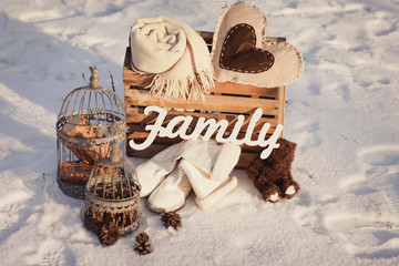 Vintage winter floral composition with wooden word 