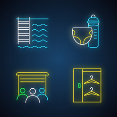 Poster - Apartment amenities neon light icons set. Swimming pool, nursery, movie theater, walk in closet. Residential services. Luxuries for dwelling inhabitants. Glowing signs. Vector isolated illustrations