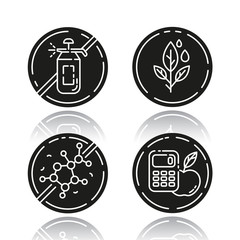 Wall Mural - Product free ingredient drop shadow black glyph icons set. No calories, paraben, lectin, pesticide. Healthy dietary without allergens. Balanced meals. Isolated vector illustrations