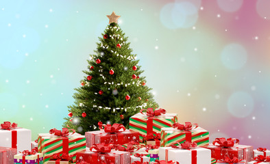 pile of christmas gifts and decorated christmas tree 3d-illustration