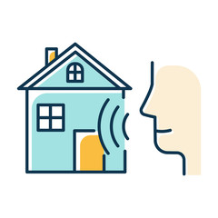 Sticker - Blue smart home control color icon. Voice management idea. Distant command. Speech, soundwave. Innovative technology, automation system. Modern house, audio request. Isolated vector illustration