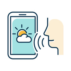 Poster - Blue weather forecast voice search color icon. Smartphone sound command idea. Meteorology app, mobile application. Audio request. Distant phone control. Isolated vector illustration