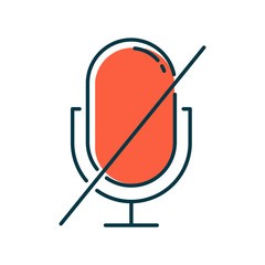 Sticker - Red microphone forbidden color icon. Sound recorder error notification idea. Recording prohibited. Voice speaker installation mistake. Mic install problem Isolated vector illustration