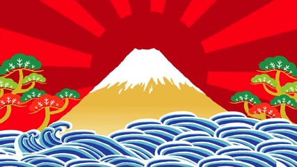 Sticker - 正月　富士山と波　初日の出