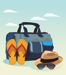 Poster - travel bag with sandals and hat with sunglasses, colorful design