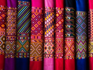 Thai silk fabric - Handmade woven fabrics of Thai silk textiles with traditional decoration ornaments beautiful cultural