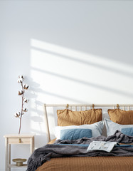 Scandinavian bedroom close up, wall mock up, 3d render