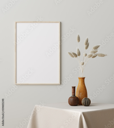 Obraz Dibond Mock up frame close up with dry grass in vase on table, Scandinavian style, 3d render