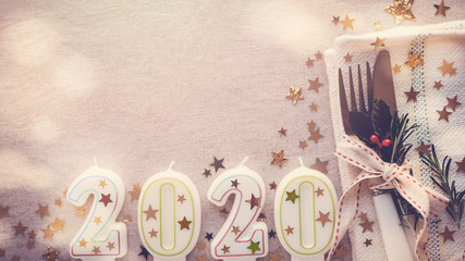 Wall Mural - Happy New Year 2020 table place setting, New year eve lunch and dinner menu concept