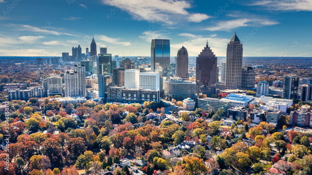 Aerial Panoramic photo of downtown Atlanta Skyline - obrazy, fototapety, plakaty 