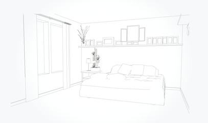 Linear sketch of an interior. Living room plan. Sketch Line sofa set. Vector illustration.outline sketch drawing perspective of a interior space.