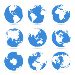 Wall Mural - Globes icon collection. Blue globe. Planet with continents Africa, Asia, Australia, Europe, Antarctica, North America and South America