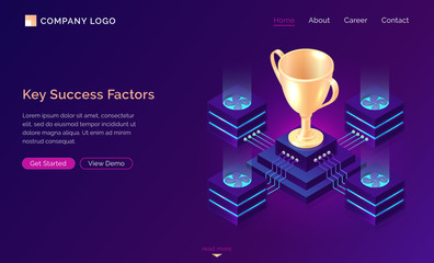 Key success factors, isometric business concept vector. Gold trophy cup on pedestal with traffic server connections, database neon icons on purple banner. Computing analytical service for winner