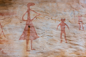 The prehistoric art painting ancient colour  pre historical 3,000 year-old cliff paintings of Pha Taem National Park at Ubon Ratchathani ,Thailand.